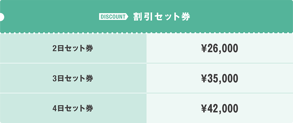 2日セット券26,000円、3日セット券35,000円、4日セット券42,000円